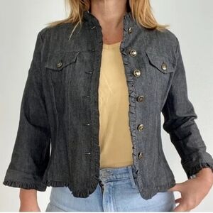 Sandro charcoal denim jacket with ruffles. Size Medium. EUC